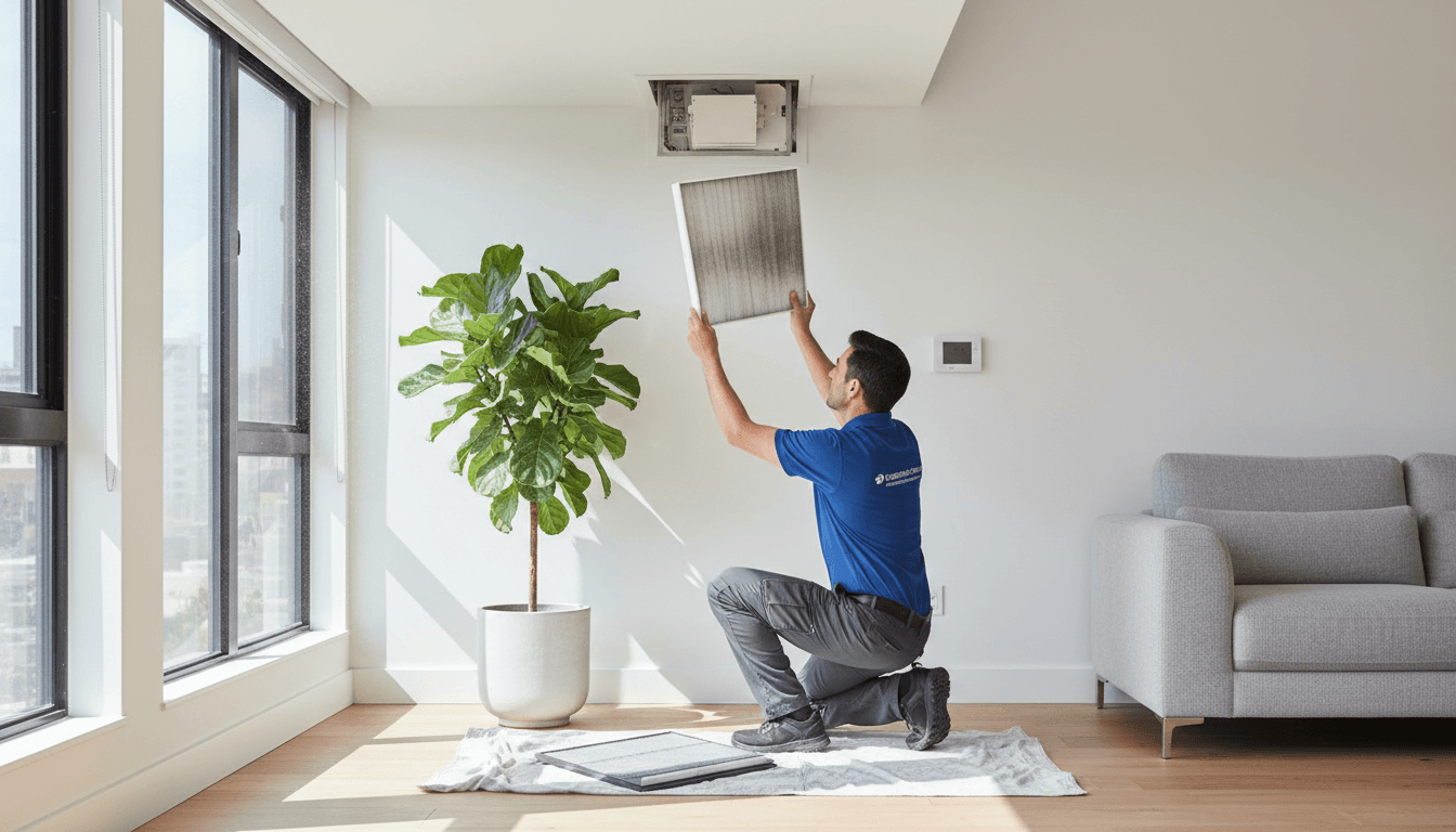 Professional HVAC technician replacing air filter in modern home with natural lighting