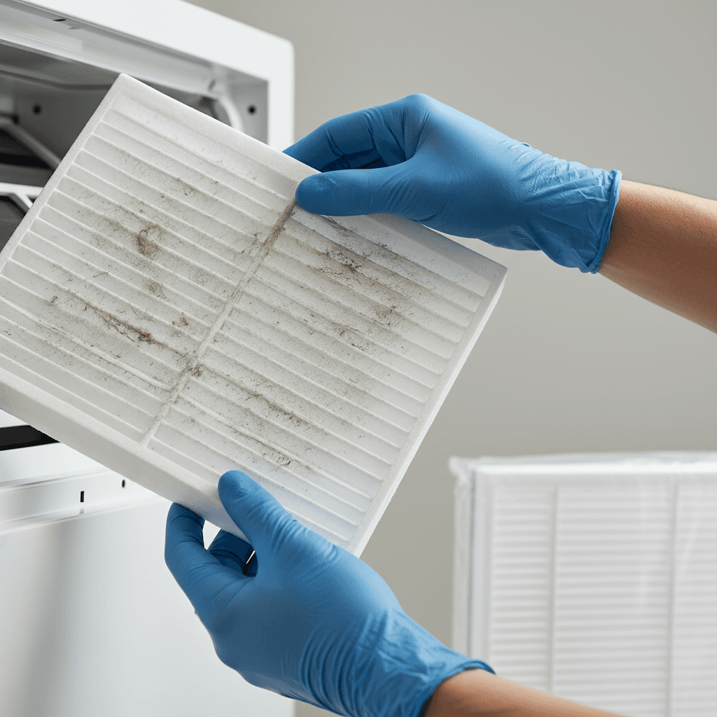 Homeowner inspecting residential HVAC filter