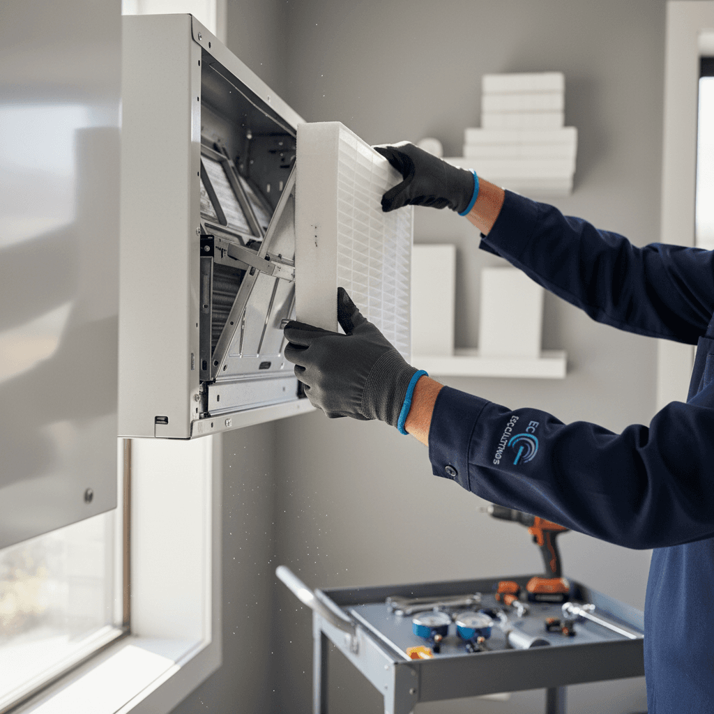 Technician installing a clean HVAC filter into a residential unit