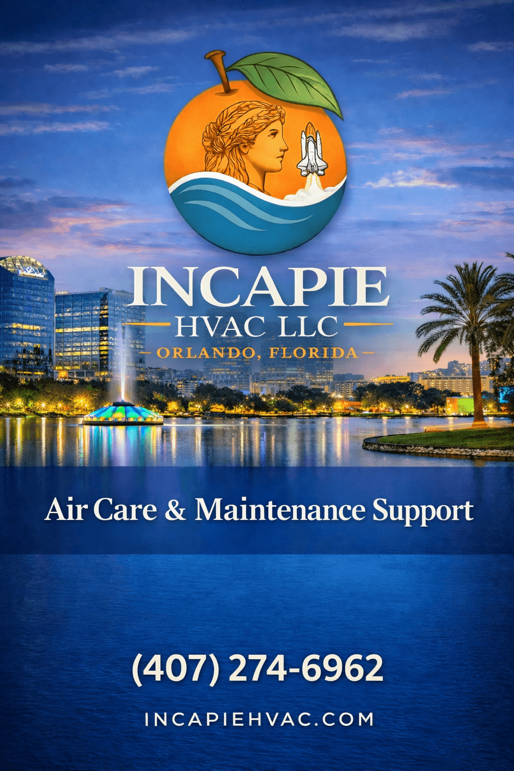 Incapie HVAC LLC advertisement featuring the Orlando skyline at dusk with Lake Eola's fountain.