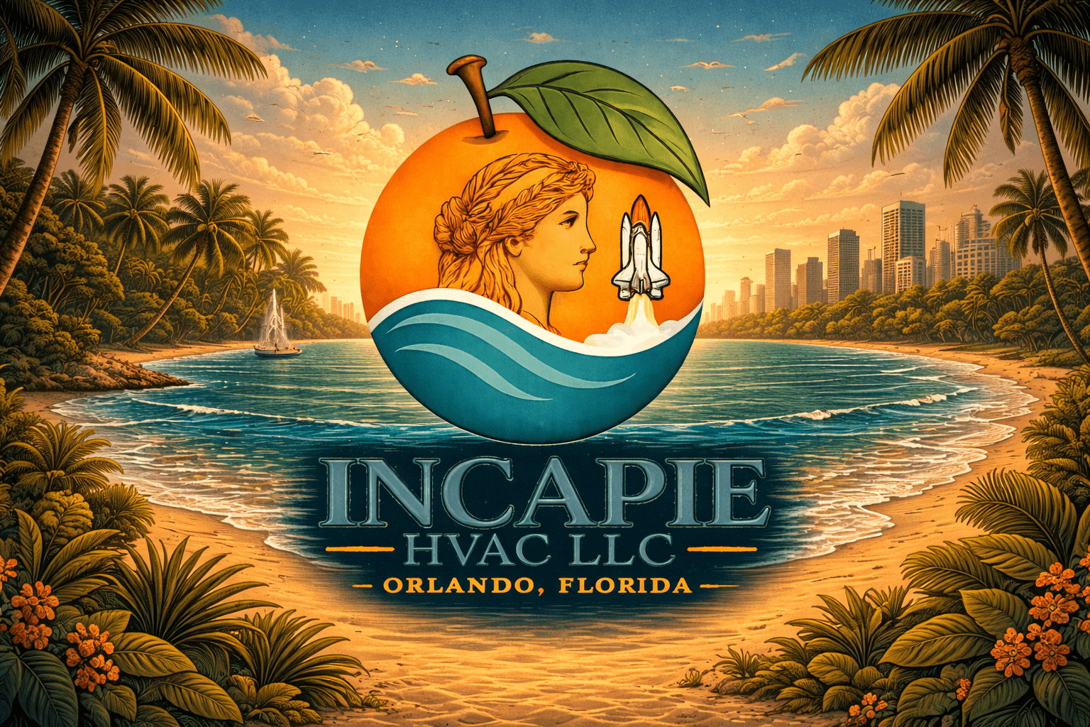Incapie HVAC LLC logo featuring an orange, space shuttle, and waves over a tropical beach.