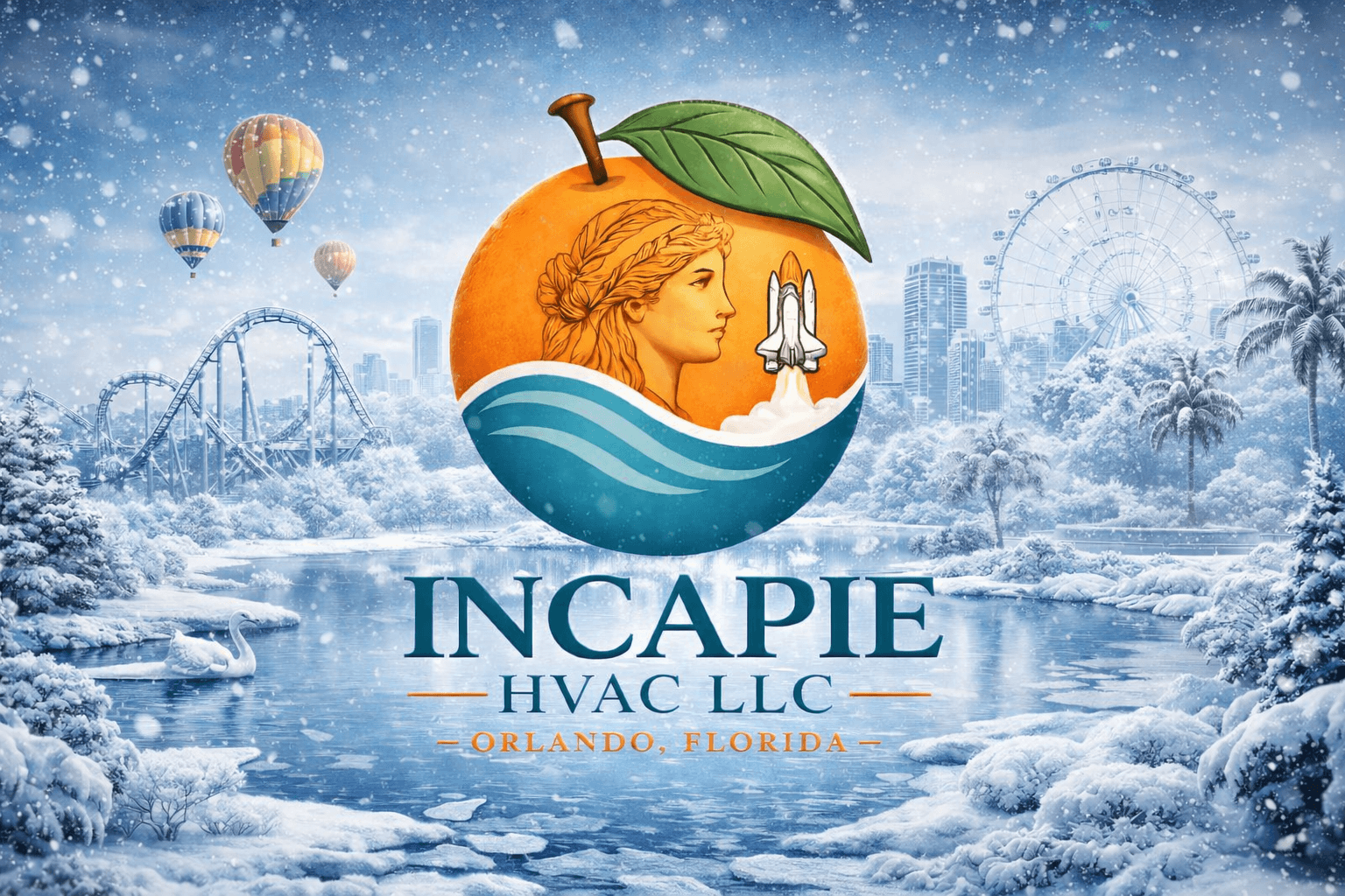 INCAPIE HVAC LLC logo over a snowy Orlando landscape with roller coaster and Ferris wheel.