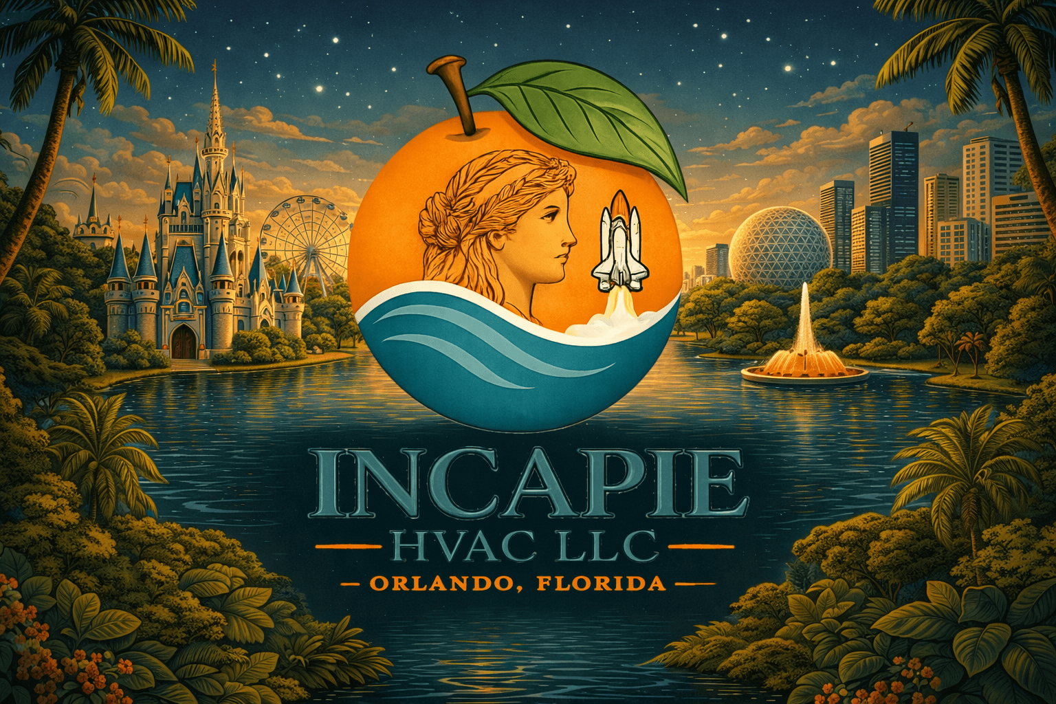 Incapie HVAC LLC logo featuring an orange, space shuttle, and iconic Orlando, Florida landmarks.