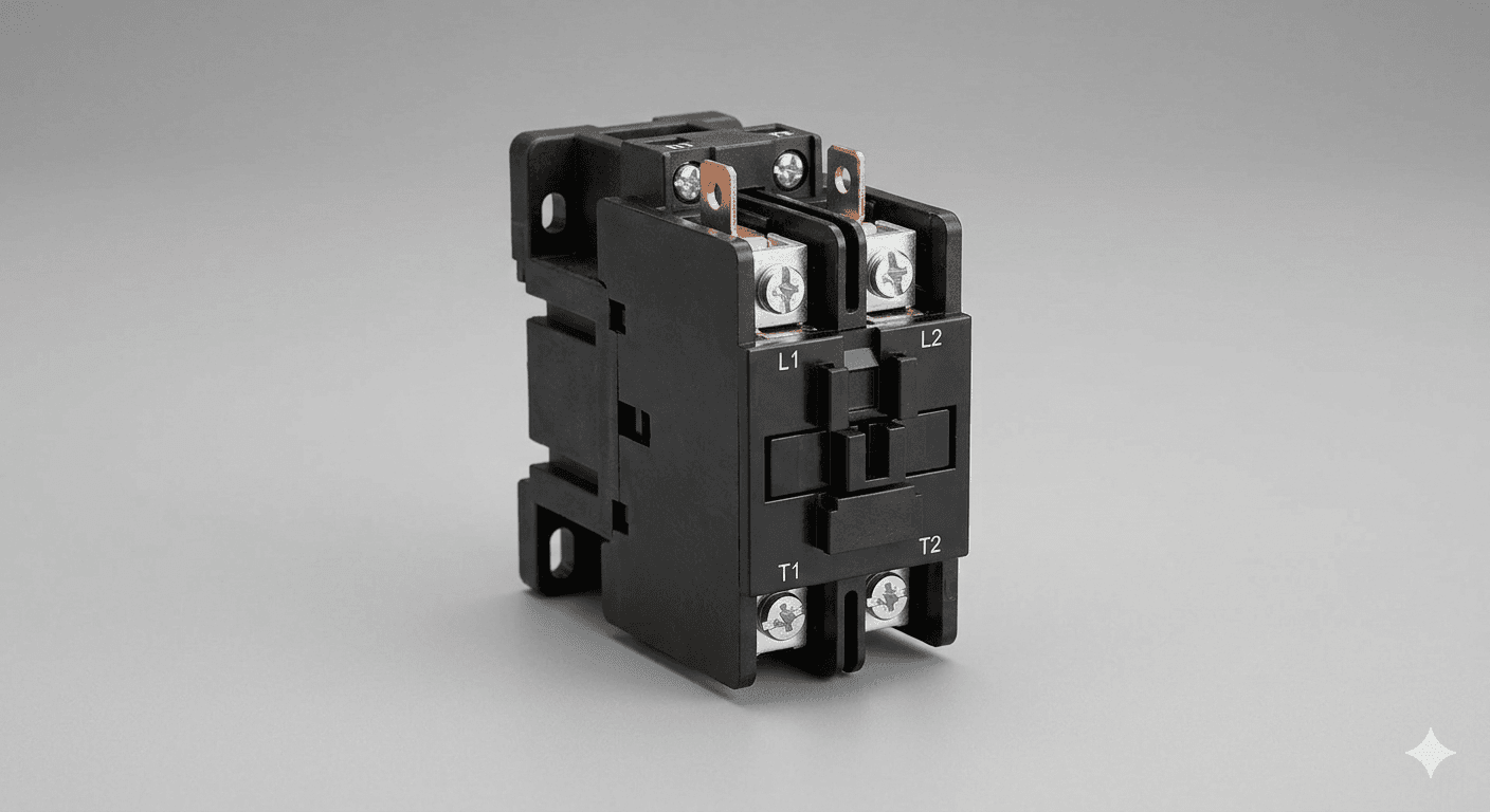 Black 2-pole magnetic contactor with copper terminals and screw connections labeled L1, L2, T1, T2.