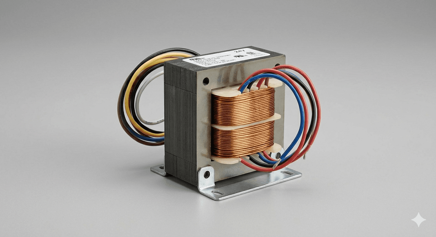 Electrical transformer with copper coils, a laminated metal core, and multiple colored connection wires.