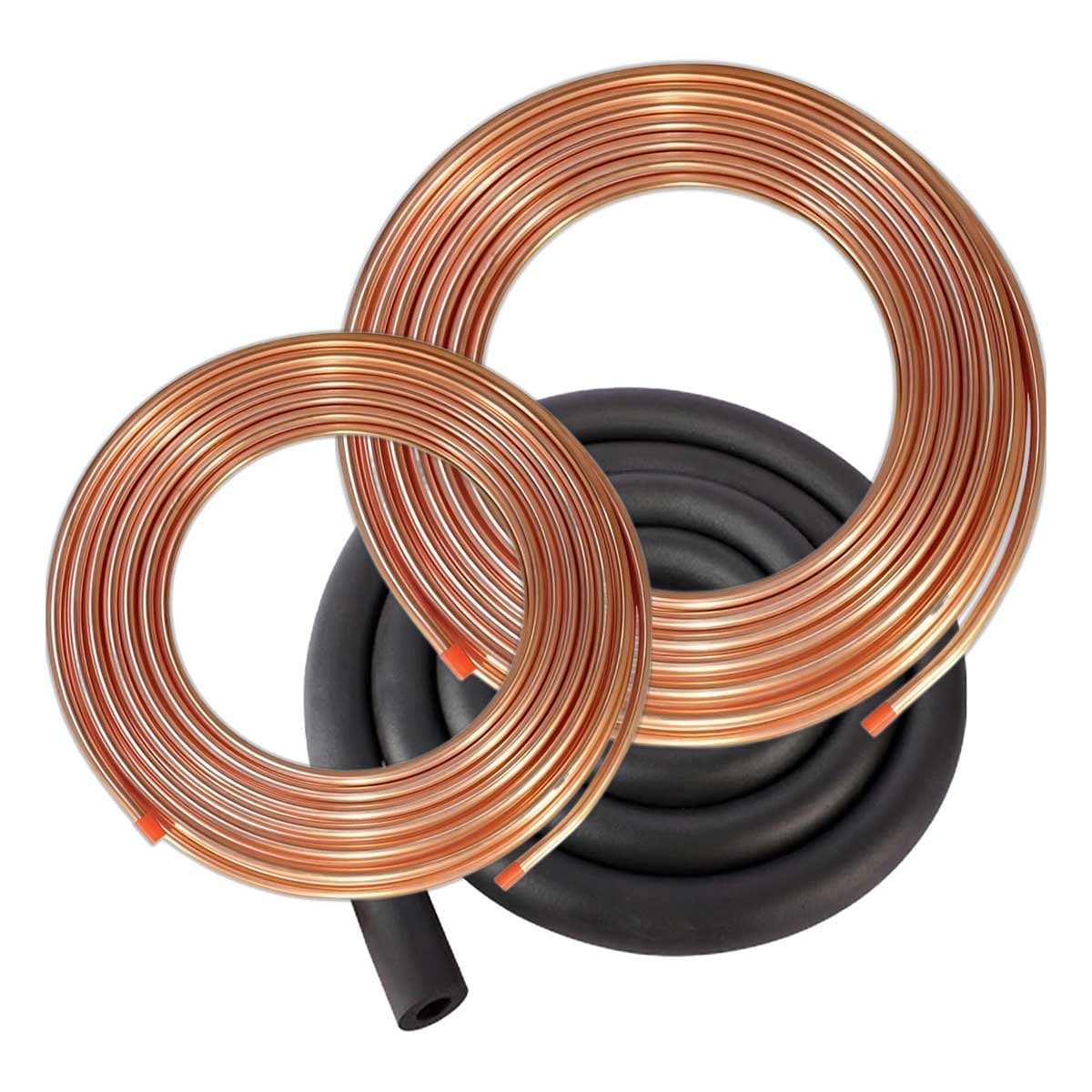 Two coils of copper refrigerant tubing and a roll of black foam pipe insulation.