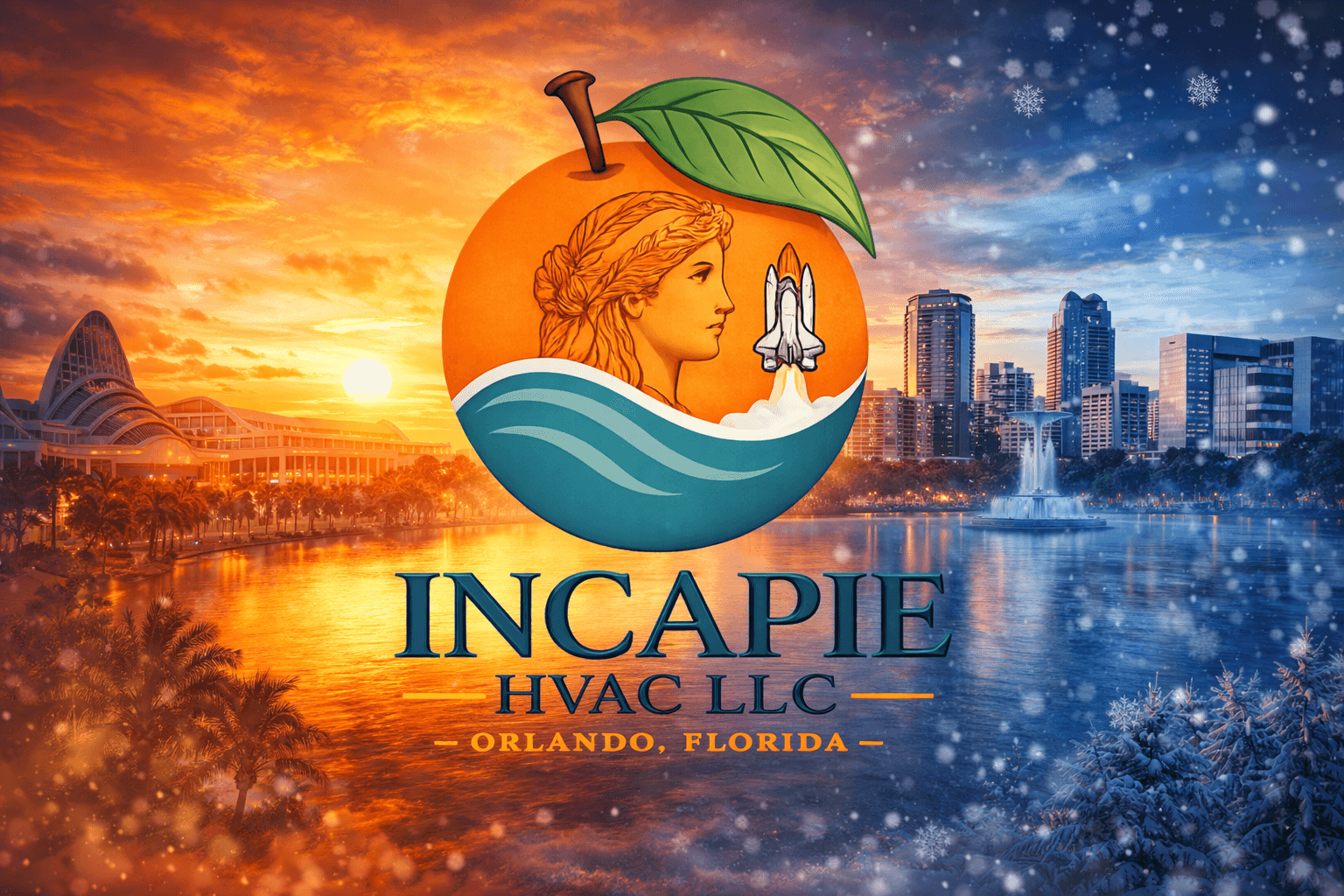 Incapie HVAC LLC logo centered between a warm sunset and a snowy Orlando skyline.